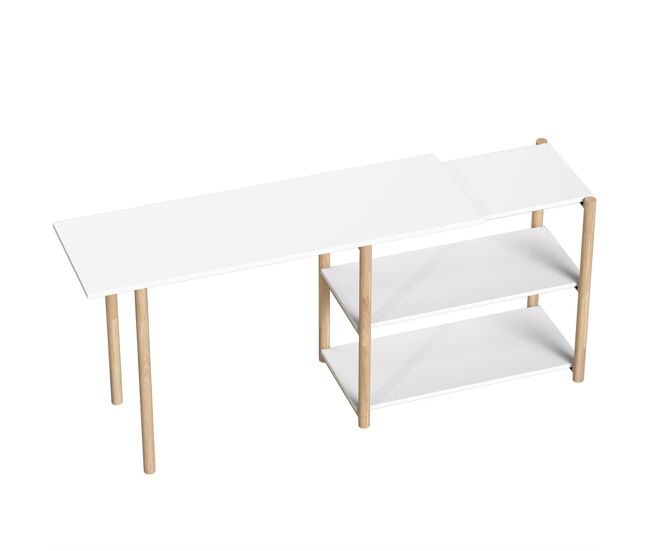 Homcom escritorio esquinero plegable, 150 cm, escritorio en l moderno con estantes de almacenamiento y marco de bambú, montaje fácil, para oficina en casa, dormitorio, estudio, blanco