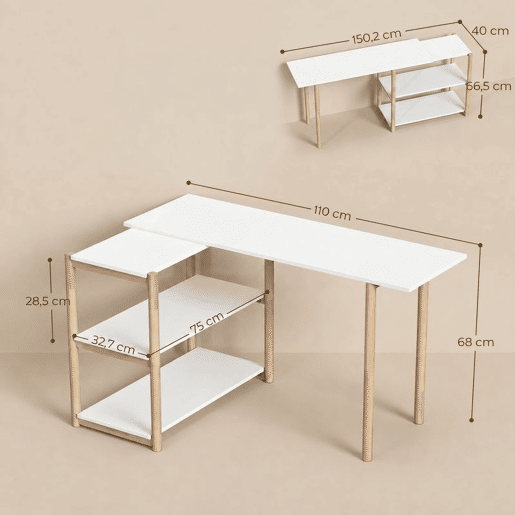 HOMCOM Secretária de Canto Dobrável 150 cm, Secretária em L com Prateleiras e Estrutura em Bambu, Branco HOMCOM Secretária de Canto Dobrável 150 cm, Secretária em L com Prateleiras e Estrutura em Bambu, Branco