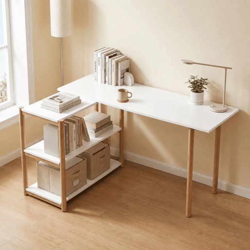 HOMCOM Secretária de Canto Dobrável 150 cm, Secretária em L com Prateleiras e Estrutura em Bambu, Branco HOMCOM Secretária de Canto Dobrável 150 cm, Secretária em L com Prateleiras e Estrutura em Bambu, Branco