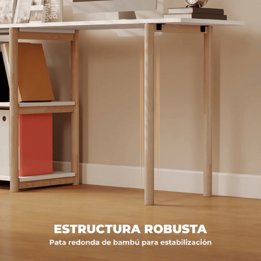 HOMCOM Secretária de Canto Dobrável 150 cm, Secretária em L com Prateleiras e Estrutura em Bambu, Branco HOMCOM Secretária de Canto Dobrável 150 cm, Secretária em L com Prateleiras e Estrutura em Bambu, Branco