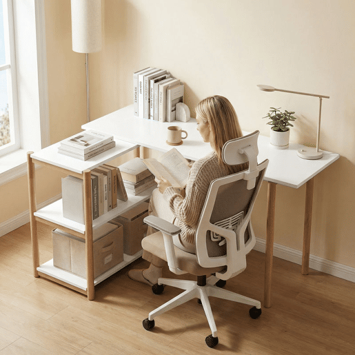 HOMCOM Secretária de Canto Dobrável 150 cm, Secretária em L com Prateleiras e Estrutura em Bambu, Branco HOMCOM Secretária de Canto Dobrável 150 cm, Secretária em L com Prateleiras e Estrutura em Bambu, Branco