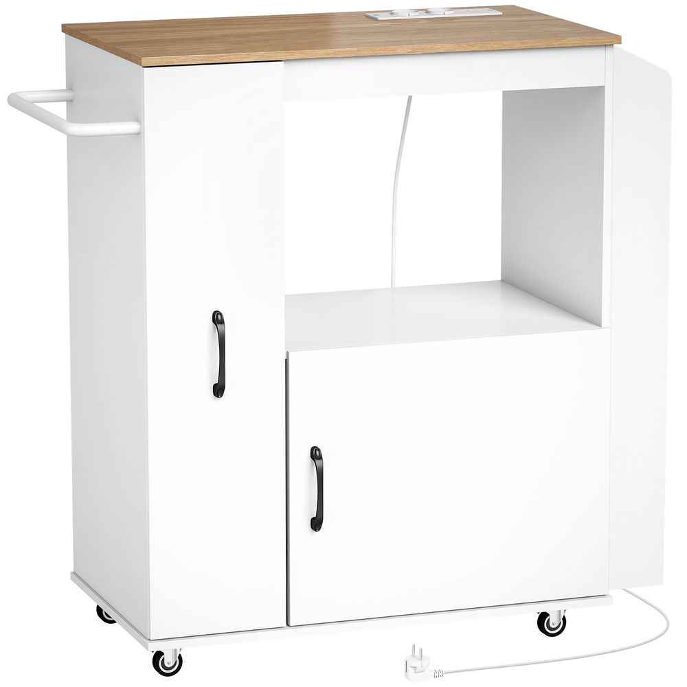 Homcom carrito de cocina con ruedas y estación de carga, carro de cocina rodante con armario, organizador extraíble, especiero y barra de toallas para comedor o salón, 80x40x88 cm, blanco