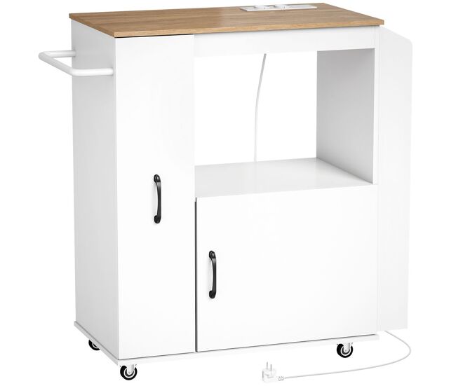 Homcom carrito de cocina con ruedas y estación de carga, carro de cocina rodante con armario, organizador extraíble, especiero y barra de toallas para comedor o salón, 80x40x88 cm, blanco
