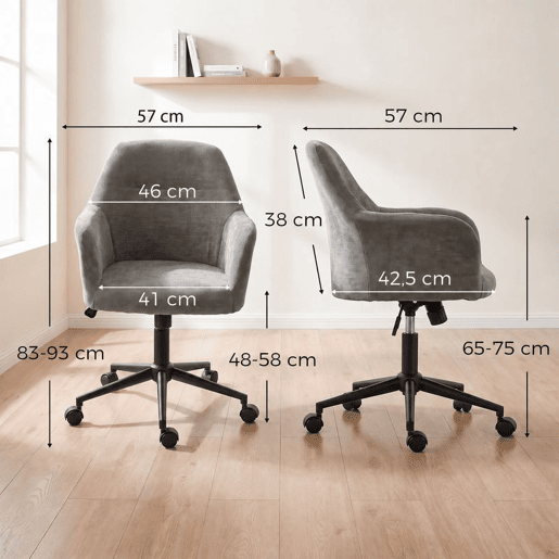 HOMCOM Cadeira de Escritório em Chenille com Rodas, Acolchoamento Espesso, Função Basculante, Altura Ajustável, Cinzenta