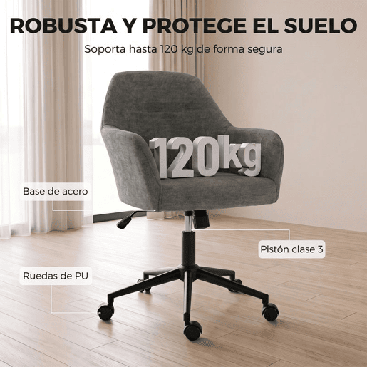 HOMCOM Cadeira de Escritório em Chenille com Rodas, Acolchoamento Espesso, Função Basculante, Altura Ajustável, Cinzenta