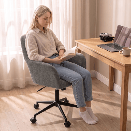 HOMCOM Cadeira de Escritório em Chenille com Rodas, Acolchoamento Espesso, Função Basculante, Altura Ajustável, Cinzenta