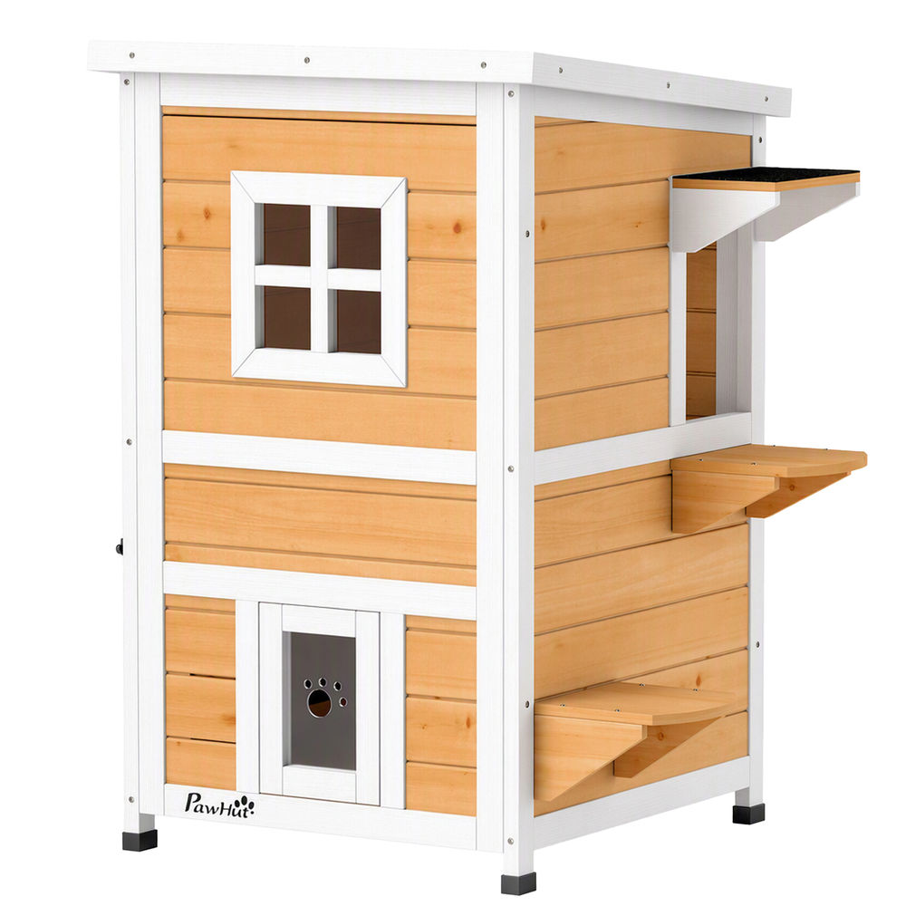 Pawhut caseta para gatos de madera exterior, casa para gatos de 2 niveles con techo abatible, panel central extraíble, ventanas, puertas, para terraza, balcón, jardín, 51x51x81,3 cm, natural