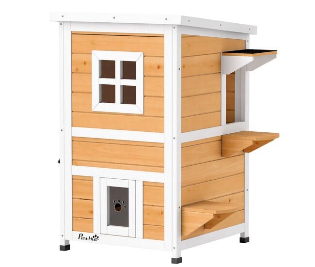 Pawhut caseta para gatos de madera exterior, casa para gatos de 2 niveles con techo abatible, panel central extraíble, ventanas, puertas, para terraza, balcón, jardín, 51x51x81,3 cm, natural