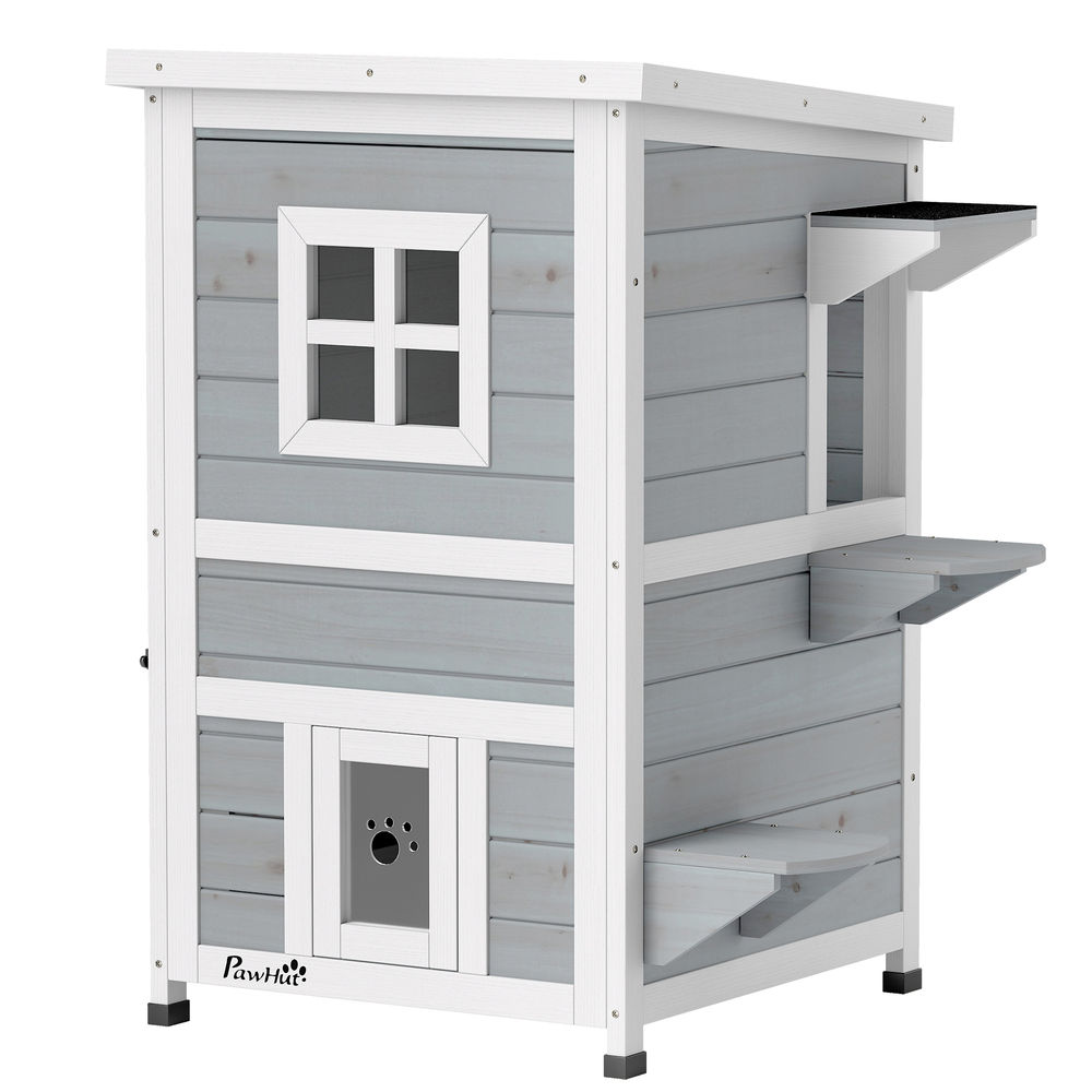 Pawhut caseta para gatos de madera exterior, casa para gatos de 2 niveles con techo abatible, panel central extraíble, ventanas, puertas, para terraza, balcón, jardín, 51x51x81,3 cm, gris