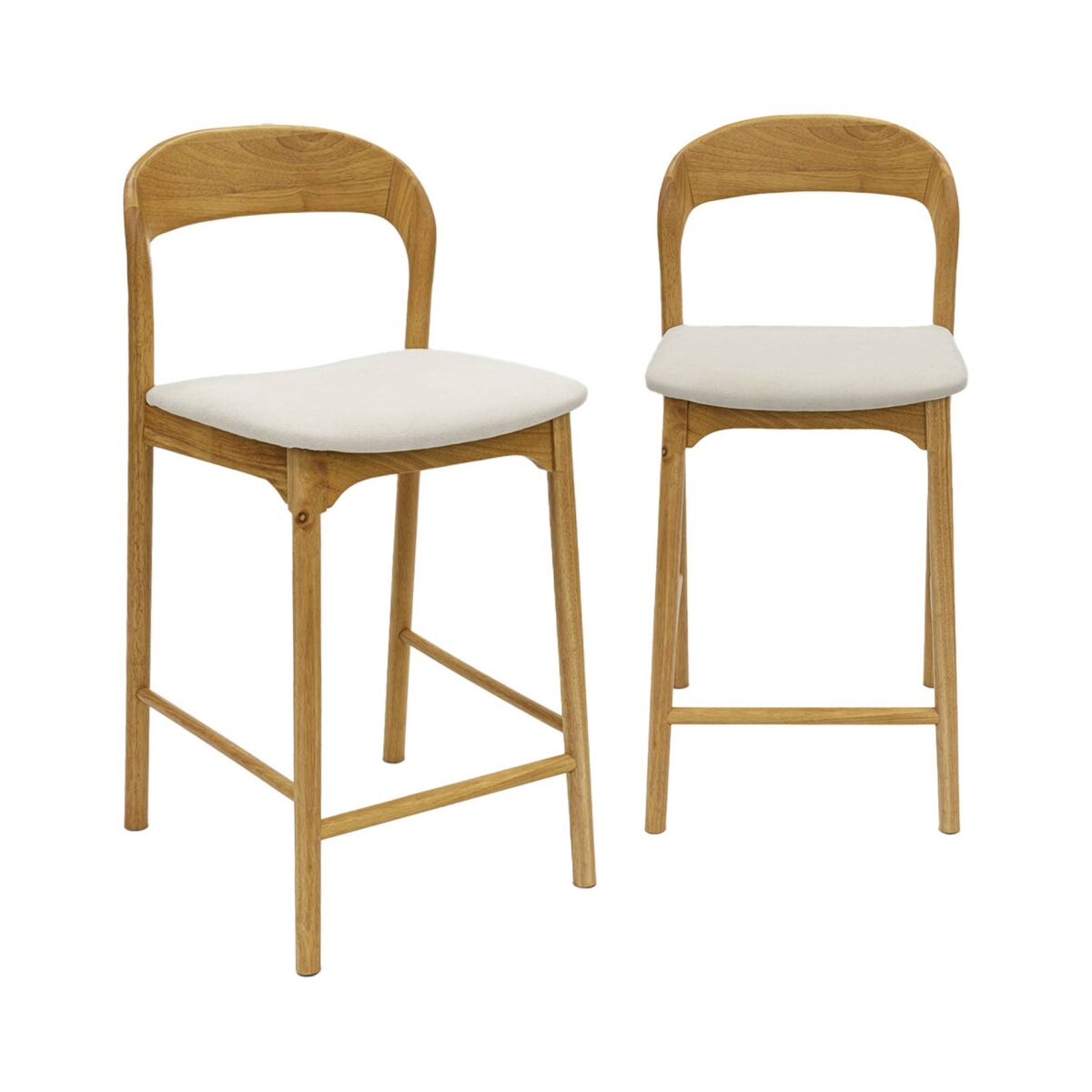 Taburete de bar vintage de madera de hevea y tela, set de 2, athena, natural, 58.5x46.5x95.5 cm