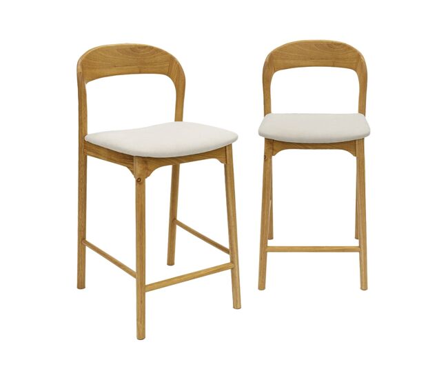 Taburete de bar vintage de madera de hevea y tela, set de 2, athena, natural, 58.5x46.5x95.5 cm