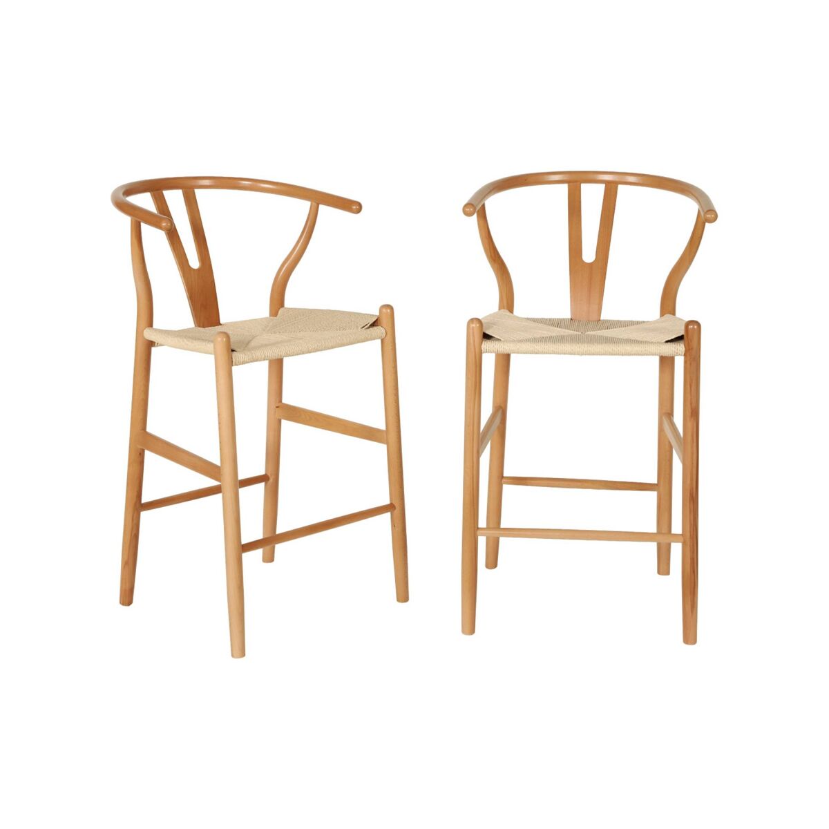 Taburete de bar vintage de madera de haya y cuerdas, set de 2 natural - 55x55x97 cm