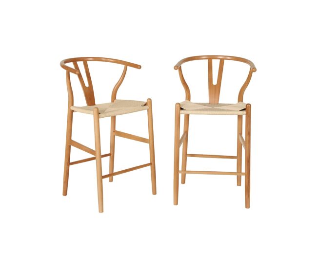 Taburete de bar vintage de madera de haya y cuerdas, set de 2 natural - 55x55x97 cm