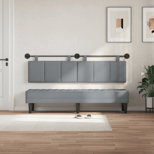 Cabeceira de cama suspensa Com luz LED Cinzento-claro Tecido Cabeceira de cama suspensa Com luz LED Cinzento-claro Tecido