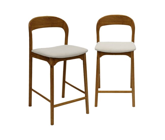 Taburete de bar vintage de madera de hevea y tela, set de 2, athena, nogal, 58.5x46.5x95.5 cm
