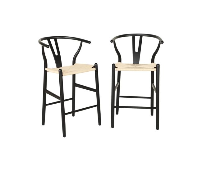 Taburete de bar vintage de madera de haya y cuerdas, set de 2 negro - 55x55x97 cm