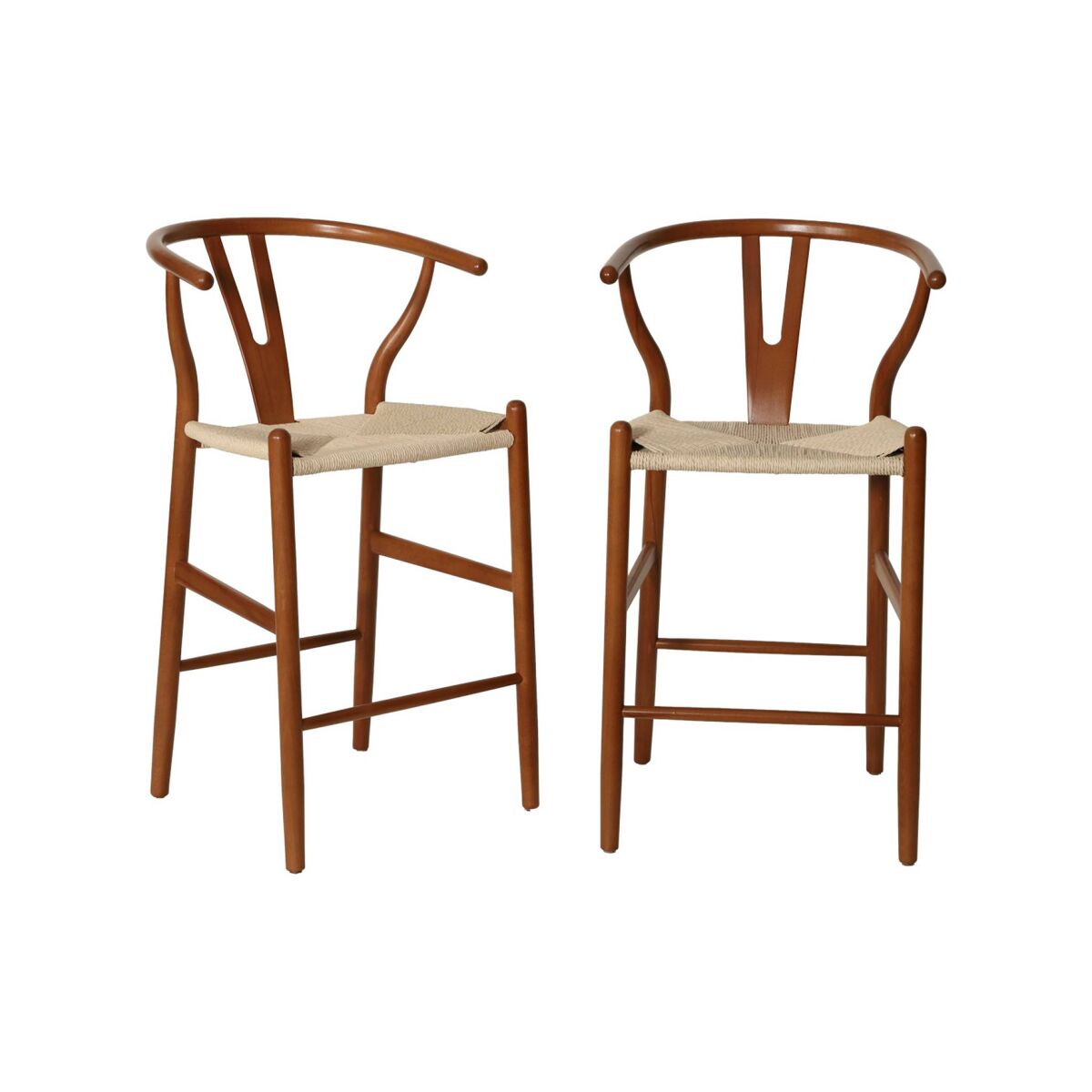 Taburete de bar vintage de madera de haya y cuerdas, set de 2 nogal - 55x55x97 cm