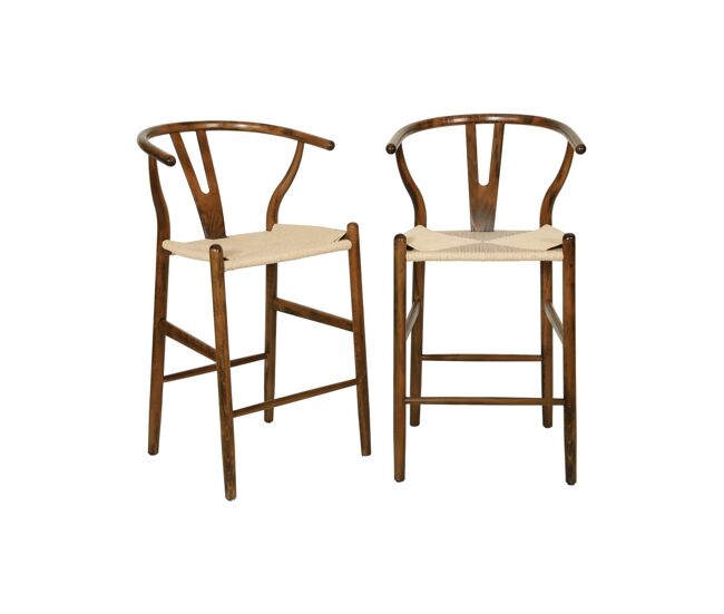 Taburete de bar vintage de madera de haya y cuerdas, set de 2 marrón viejo - 55x55x97 cm