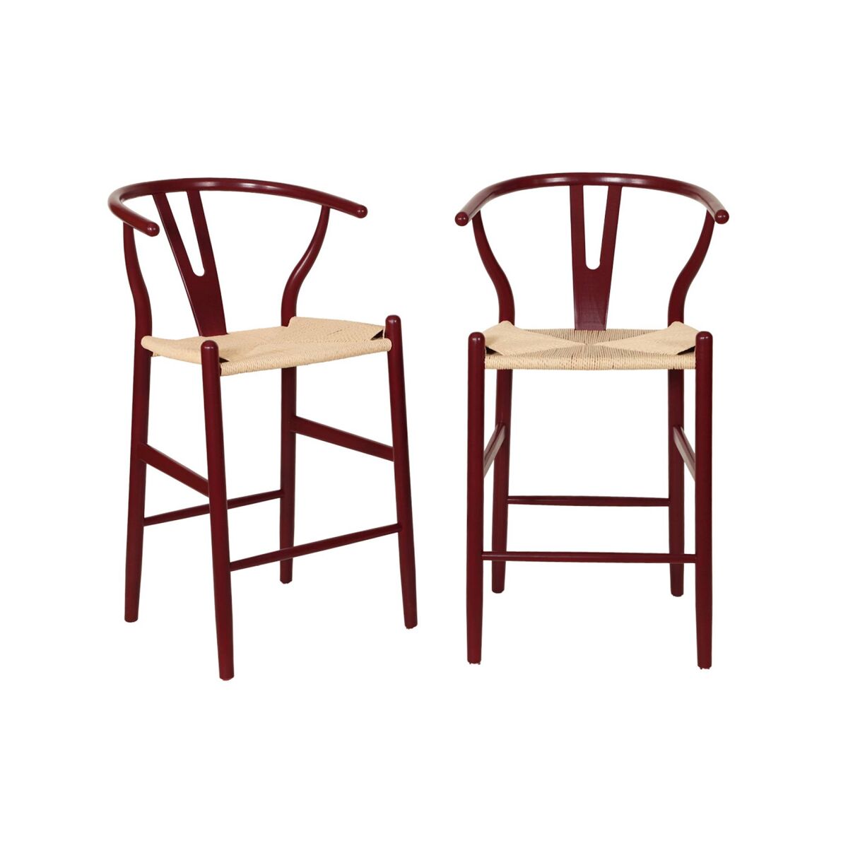 Taburete de bar vintage de madera de haya y cuerdas, set de 2 burdeos - 55x55x97 cm
