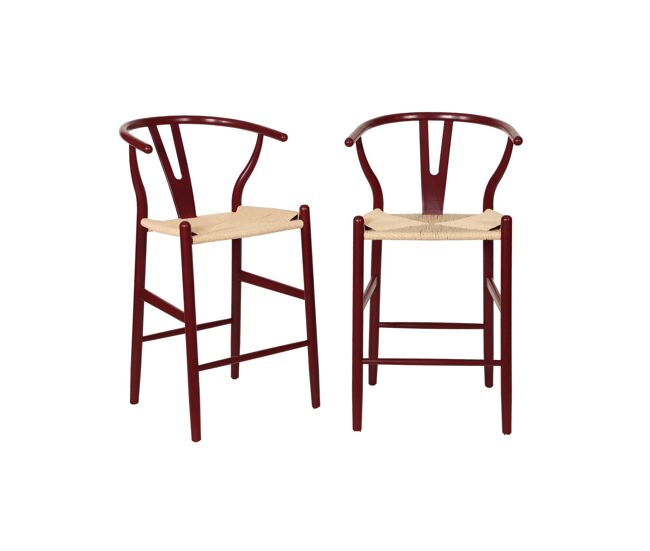 Taburete de bar vintage de madera de haya y cuerdas, set de 2 burdeos - 55x55x97 cm