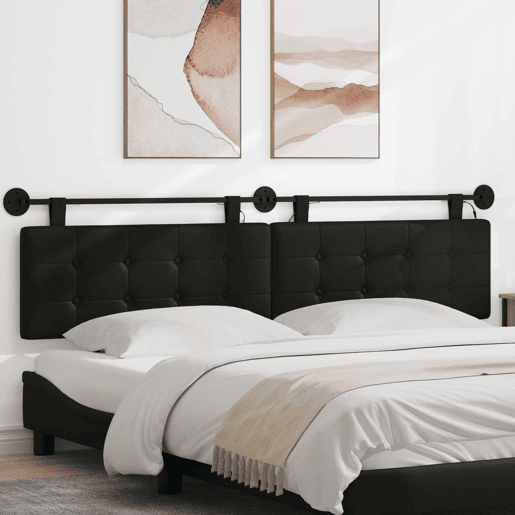 Cabeceira de cama suspensa Com luz LED Preto Couro Sintético
