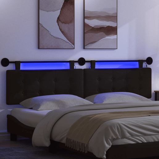 Cabeceira de cama suspensa Com luz LED Preto Couro Sintético