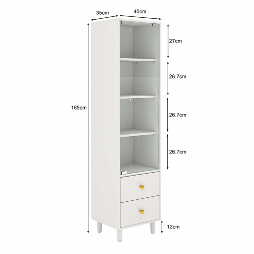 Vitrine 40 x 35 x 165 cm - iluminação LED, portas de vidro, 2 gavetas, puxadores dourados - Branco Vitrine 40 x 35 x 165 cm - iluminação LED, portas de vidro, 2 gavetas, puxadores dourados - Branco