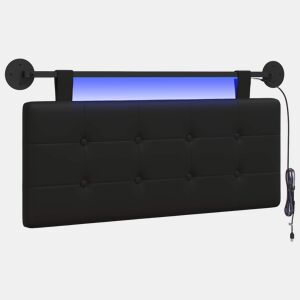 Cabeceira de cama suspensa Com luz LED Preto Couro Sintético