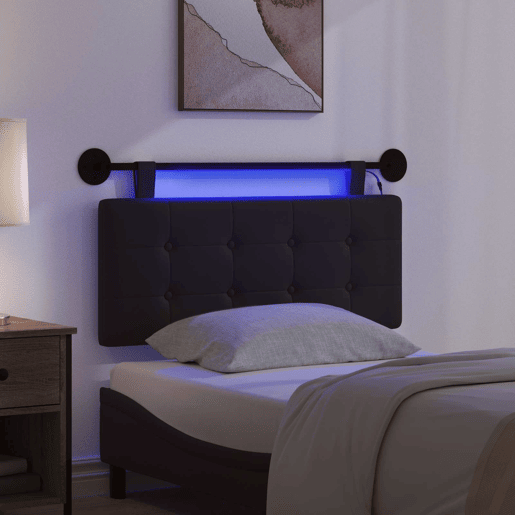 Cabeceira de cama suspensa Com luz LED Preto Couro Sintético