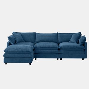 Sofá modular de 3 lugares com chaise longue e pufe - Chenilla premium, formato em L, confortável e respirável - Azul