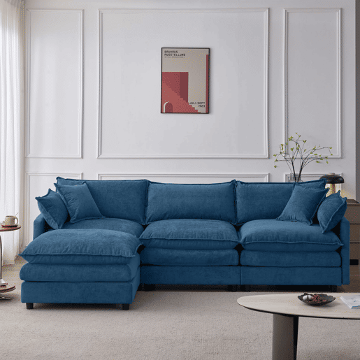 Sofá modular de 3 lugares com chaise longue e pufe - Chenilla premium, formato em L, confortável e respirável - Azul Sofá modular de 3 lugares com chaise longue e pufe - Chenilla premium, formato em L, confortável e respirável - Azul