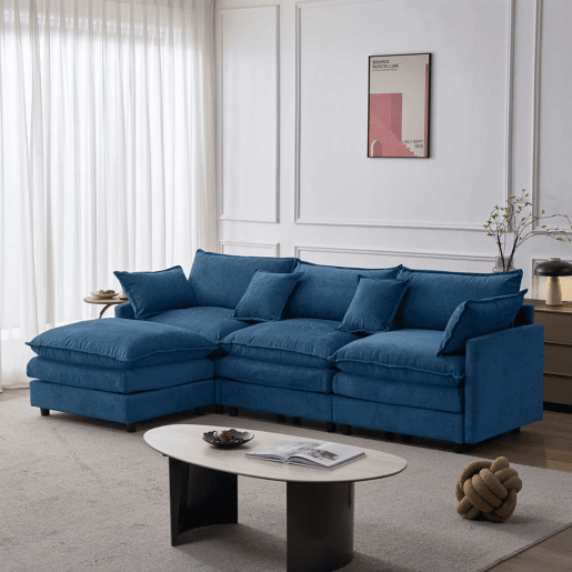 Sofá modular de 3 lugares com chaise longue e pufe - Chenilla premium, formato em L, confortável e respirável - Azul Sofá modular de 3 lugares com chaise longue e pufe - Chenilla premium, formato em L, confortável e respirável - Azul