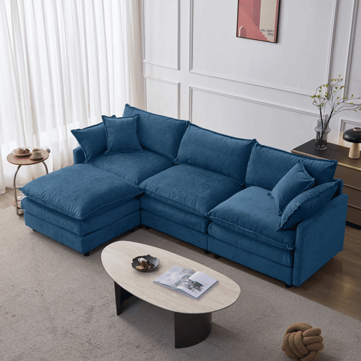 Sofá modular de 3 lugares com chaise longue e pufe - Chenilla premium, formato em L, confortável e respirável - Azul Sofá modular de 3 lugares com chaise longue e pufe - Chenilla premium, formato em L, confortável e respirável - Azul