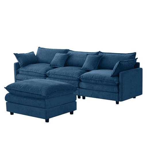 Sofá modular de 3 lugares com chaise longue e pufe - Chenilla premium, formato em L, confortável e respirável - Azul Sofá modular de 3 lugares com chaise longue e pufe - Chenilla premium, formato em L, confortável e respirável - Azul