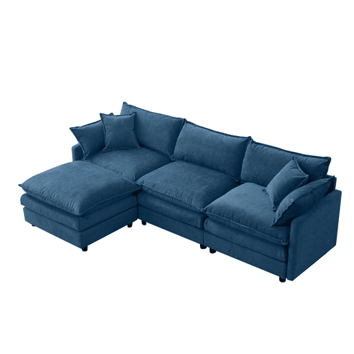 Sofá modular de 3 lugares com chaise longue e pufe - Chenilla premium, formato em L, confortável e respirável - Azul Sofá modular de 3 lugares com chaise longue e pufe - Chenilla premium, formato em L, confortável e respirável - Azul