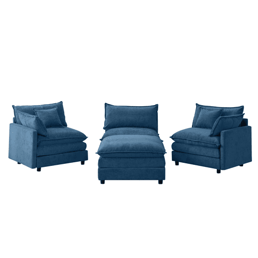 Sofá modular de 3 lugares com chaise longue e pufe - Chenilla premium, formato em L, confortável e respirável - Azul Sofá modular de 3 lugares com chaise longue e pufe - Chenilla premium, formato em L, confortável e respirável - Azul
