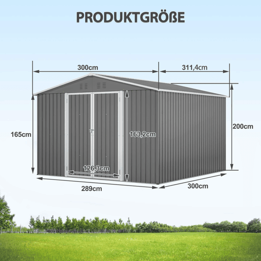 Cobertizo metálico de jardim 300×311×200 cm - Estrutura com base, portas com fechadura e resistente às intempéries - Cinzento Cobertizo metálico de jardim 300×311×200 cm - Estrutura com base, portas com fechadura e resistente às intempéries - Cinzento