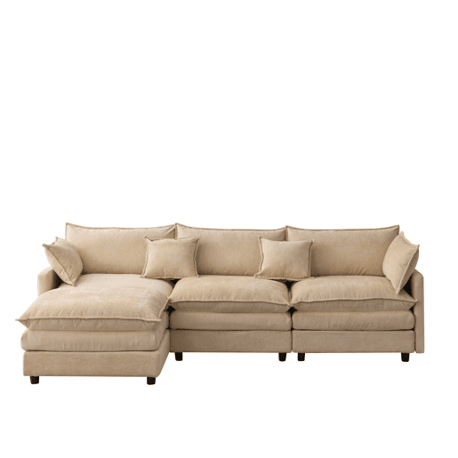 Sofá modular de 3 lugares com chaise longue e pufe - Chenilla premium e conforto familiar - Café claro Sofá modular de 3 lugares com chaise longue e pufe - Chenilla premium e conforto familiar - Café claro