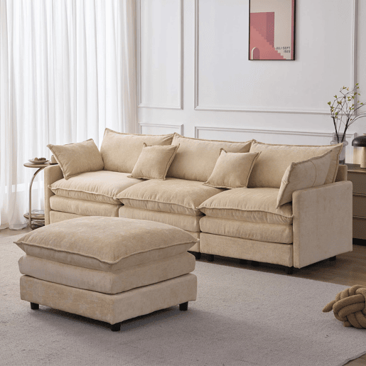 Sofá modular de 3 lugares com chaise longue e pufe - Chenilla premium e conforto familiar - Café claro Sofá modular de 3 lugares com chaise longue e pufe - Chenilla premium e conforto familiar - Café claro