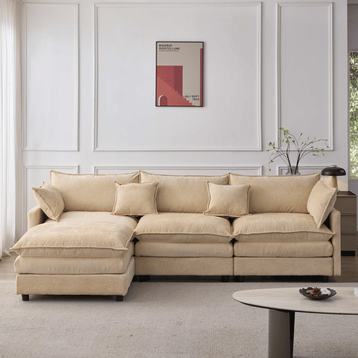 Sofá modular de 3 lugares com chaise longue e pufe - Chenilla premium e conforto familiar - Café claro Sofá modular de 3 lugares com chaise longue e pufe - Chenilla premium e conforto familiar - Café claro