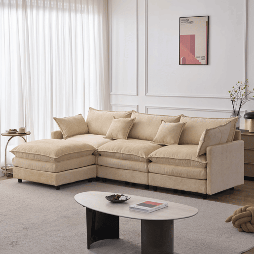 Sofá modular de 3 lugares com chaise longue e pufe - Chenilla premium e conforto familiar - Café claro Sofá modular de 3 lugares com chaise longue e pufe - Chenilla premium e conforto familiar - Café claro