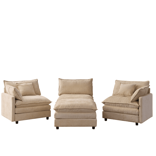 Sofá modular de 3 lugares com chaise longue e pufe - Chenilla premium e conforto familiar - Café claro Sofá modular de 3 lugares com chaise longue e pufe - Chenilla premium e conforto familiar - Café claro