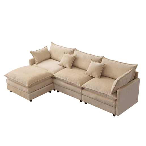 Sofá modular de 3 lugares com chaise longue e pufe - Chenilla premium e conforto familiar - Café claro Sofá modular de 3 lugares com chaise longue e pufe - Chenilla premium e conforto familiar - Café claro