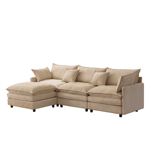 Sofá modular de 3 lugares com chaise longue e pufe - Chenilla premium e conforto familiar - Café claro Sofá modular de 3 lugares com chaise longue e pufe - Chenilla premium e conforto familiar - Café claro