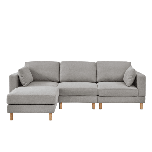 Sofá de canto de 3 lugares com pufe 235×152×78 cm - L, poliéster e pernas de madeira maciça - Cinza Sofá de canto de 3 lugares com pufe 235×152×78 cm - L, poliéster e pernas de madeira maciça - Cinza