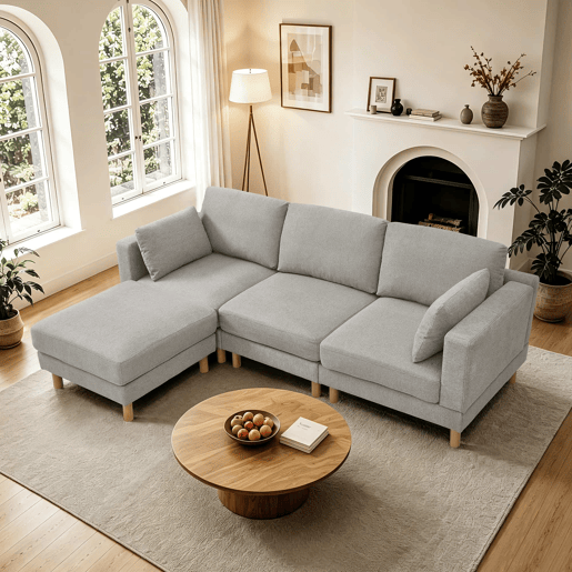 Sofá de canto de 3 lugares com pufe 235×152×78 cm - L, poliéster e pernas de madeira maciça - Cinza Sofá de canto de 3 lugares com pufe 235×152×78 cm - L, poliéster e pernas de madeira maciça - Cinza
