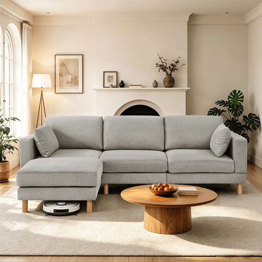 Sofá de canto de 3 lugares com pufe 235×152×78 cm - L, poliéster e pernas de madeira maciça - Cinza Sofá de canto de 3 lugares com pufe 235×152×78 cm - L, poliéster e pernas de madeira maciça - Cinza
