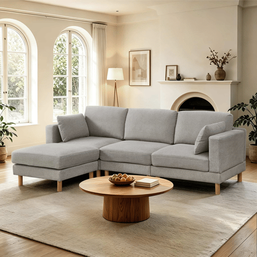 Sofá de canto de 3 lugares com pufe 235×152×78 cm - L, poliéster e pernas de madeira maciça - Cinza Sofá de canto de 3 lugares com pufe 235×152×78 cm - L, poliéster e pernas de madeira maciça - Cinza