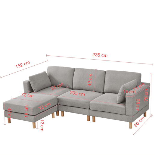 Sofá de canto de 3 lugares com pufe 235×152×78 cm - L, poliéster e pernas de madeira maciça - Cinza Sofá de canto de 3 lugares com pufe 235×152×78 cm - L, poliéster e pernas de madeira maciça - Cinza