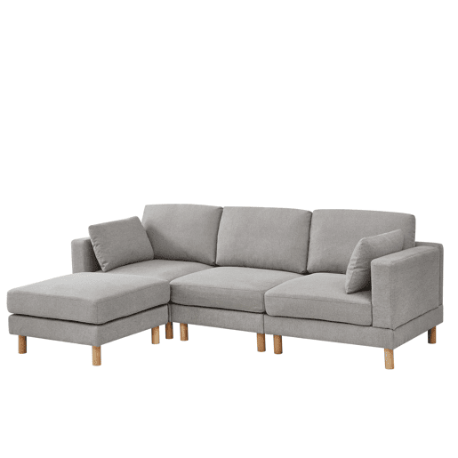 Sofá de canto de 3 lugares com pufe 235×152×78 cm - L, poliéster e pernas de madeira maciça - Cinza Sofá de canto de 3 lugares com pufe 235×152×78 cm - L, poliéster e pernas de madeira maciça - Cinza